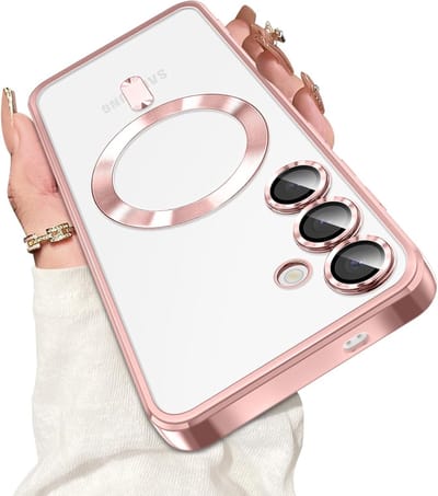Hoesje Geschikt voor Samsung Galaxy S25 Magsafe hoesje backcover Rose Goud – Lens beschermer – Transparant