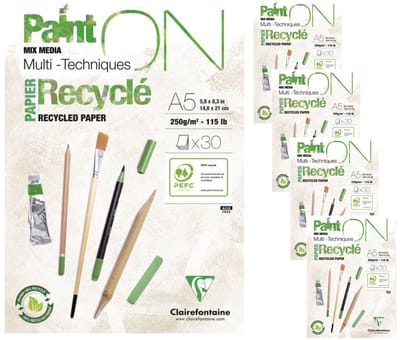 Clairefontaine - Paint ON - Multi-Techniek Pad - Tekenpapier - Schilderpapier - Recycled wit - A5 - 250 g - 30 vel - 4 pack