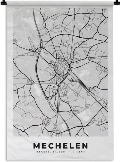 Wandkleed - Wanddoek - Zwart Wit – België – Plattegrond – Stadskaart – Kaart – Mechelen - 120x180 cm - Wandtapijt