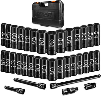 1/2" Slagsleutelopzetstuk Set, Diepe Maten SAE & Metrisch, Inclusief Verlengstangen