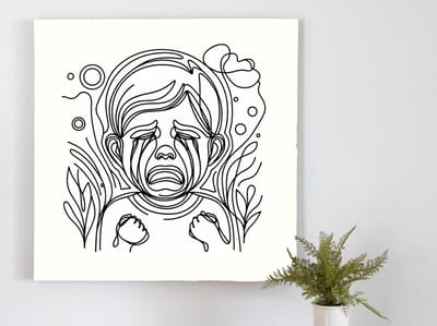 Line art huilend kind schilderij | Emotionele transitie: de ziel van een huilend kind ontvouwen | Kunst - 100x100 centimeter op Dibond | Foto op Dibond