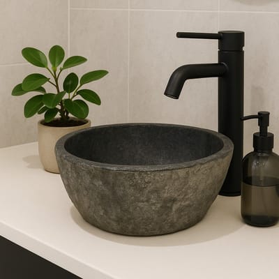 Lendo Online Wastafel ovaal (30-35)x(25-30) cm riviersteen - natuursteen - wasbak voor badkamer - spoelbak - waskom - unieke vorm en kleur!