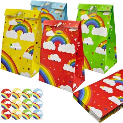 Kraft Party Tassen in Regenboogkleuren - 12 Stuks, 13x8x21.5cm, Geschikt voor Verjaardagsfeestjes en Cadeaus, Inclusief Stickers voor Kinderen