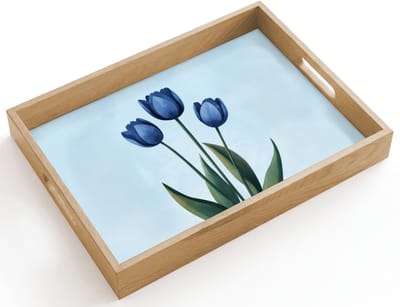 Dienblad hout 40x30 cm - Schootdienblad - Tulpen - Blauw - Bladeren - Borrelplank rechthoek - Plateau dienbladen
