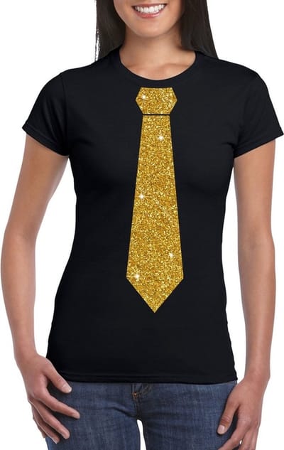Zwart fun verkleed t-shirt - met stropdas - in glitter goud - dames - korte mouwen XS