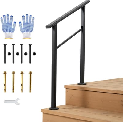 Verstelbare Trapleuning voor Buiten & Binnen - Geschikt voor 2 Treden - Aluminium Handgreep met IJzeren Staanders - Mat Zwart - Veiligheidsleuning voor Veranda en Tuin