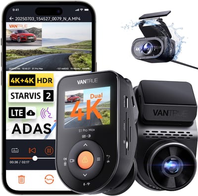 Vantrue S1 Pro Max 4K+4K Dashcam Voor- en Achterkant, Dual 2160P Dashcam met STARVIS 2 HDR PlatePix™ Nachtzicht, 5GHz WiFi, GPS-snelheid, 24/7 Parkeermodus, ADAS/BSD, Optionele LTE, Ondersteunt tot 1TB Max