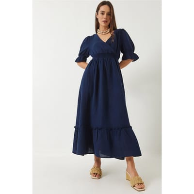 V-hals Textured Midi-jurk met Elastische Details