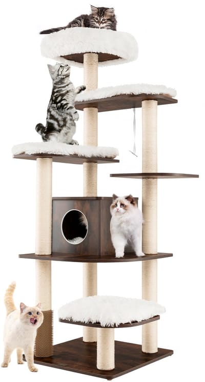 Costway 175 cm grote krabpaal van hout, 6-traps kattenkrabpaal groot, kattenspeelhuis met holte en 5 matten, activiteitenboom, kattenmeubel, klimboom, kattenhuis, kattenboom, donkerbruin
