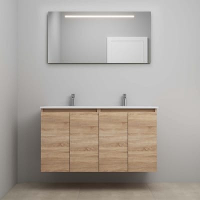 On-Line Badkamermeubelset - 120 cm - Bouwpakket - Greeploos 4 Deuren - Porseleinen Wastafel - 2 Kraangaten - Spiegel met LED-Verlichting - Eiken