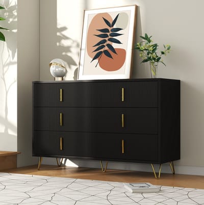 DESMIU Dressoir - Modern Opbergmeubel Met 6 Laden - Voor Woonkamer Eetkamer En Slaapkamer - Spaanplaat - 120x40x77 Cm - Zwart Goud