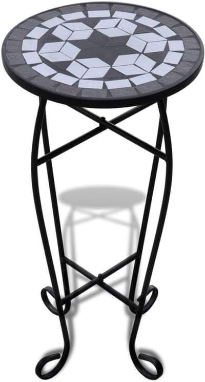 Mozaïek Bijzettafel - Plantentafel Balkon - Buiten Zitten - Weerbestendig Tafelblad - 30cm Diameter - Zwart Wit