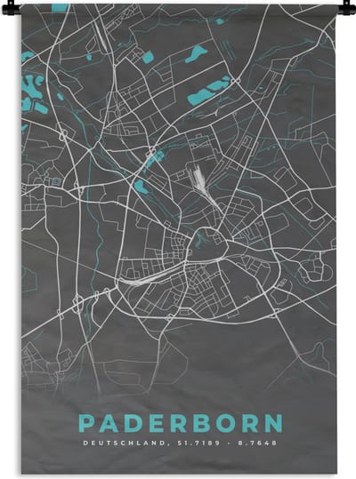 Wandkleed - Wanddoek - Plattegrond – Paderborn – Blauw – Stadskaart – Kaart - Duitsland - 120x180 cm - Wandtapijt