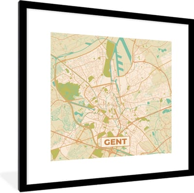 Fotolijst incl. Poster - Kaart - Gent - Vintage - Plattegrond - Stadskaart - 40x40 cm - Posterlijst