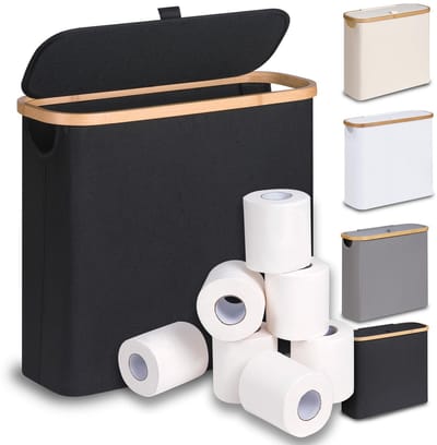 Opbergmand met deksel, bamboe-toiletpapierorganizer, badkamerorganizer, toiletpapieropslag voor 9-12 rollen wc-papier, perfect voor nauwe ruimtes (zwart)