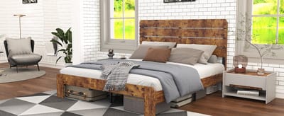 Wishdor Bedframe 140x200 cm - Hoog Hoofdbord - Bruin MDF & Metaal - Metalen Lattenbodem - Stabiel & Warm