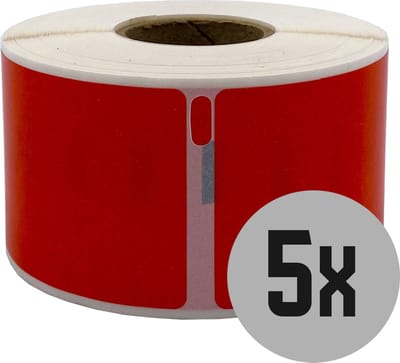 DULA Dymo kompatible Etiketten, S0722400 99012, 36 x 89 mm, Rot, Permanent, 5 Rollen, 260 Etiketten pro Rolle