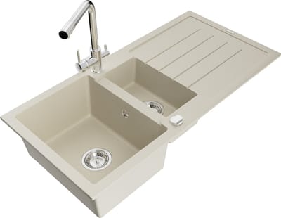 Mexen Andres granieten spoelbak 1,5-kamer met afdruiprek en keukenmengkraan Duero, beige - 6515-69-671600-00
