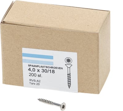 Hoenderdaal Spaanplaatschroef RVS platverzonken kop TX20 deeldraad 4.0X30/18 (per 200 stuks)