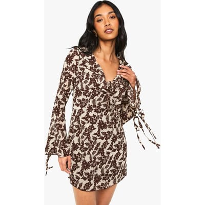boohoo Dames Bloemige Chiffon Ruffle Shiftjurk | Chocolate | Maat: 8