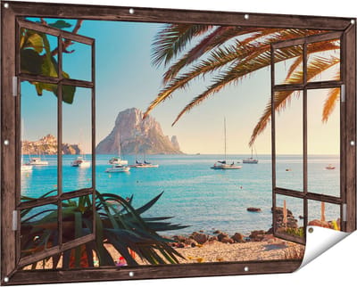 Gards Tuinposter Doorkijk Ibiza Cala d'Hort Strand - 150x100 cm - Tuindoek - Tuindecoratie - Wanddecoratie buiten - Tuinschilderij