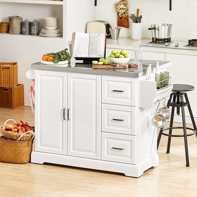 Keukeneiland - Verplaatsbaar - Keukenkast - Dressoir - Organizer - Kasten - RVS Werkblad - Lade - Wit
