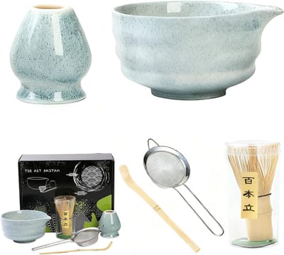 Complete Matcha Set met Bamboelepel, Filter, Matcha Klopper en Ceramische Kom voor de Japanse Theeceremonie, Perfecte Accessoires voor Beginners en Theeliefhebbers