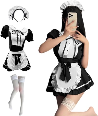 Sexy Maid Kostuum met Hoofdband en Witte Kousen voor Halloween en Cosplay Themafeesten