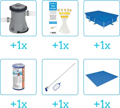 Accessoires voor Bestway Steel Pro Zwembad - 259x170x61 cm - Rechthoekig - Bestway - 56403 - Pomp - Testrips - Afdekzeil - Filter - Schoonmaakset - Grondzeil