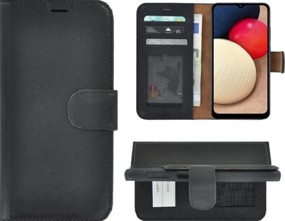 Hoesje Geschikt voor Samsung Galaxy A03s - Bookcase - A03s Hoesje Book Case Portemonnee Wallet Echt Leder Zwart Cover