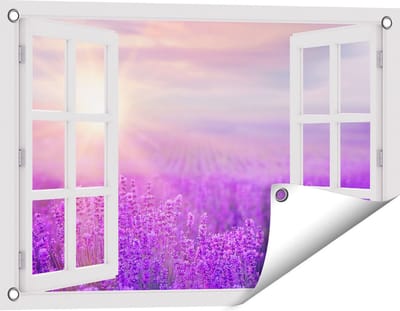 Gards Tuinposter Doorkijk Bloemenveld met Paarse Lavendel - 60x40 cm - Tuindoek - Tuindecoratie - Wanddecoratie buiten - Tuinschilderij