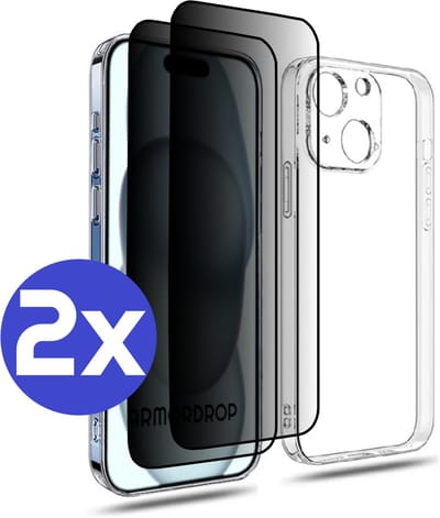 ArmorDrop Transparant Hoesje Inclusief 2x Privacy Screenprotector Geschikt Voor iPhone 15 Plus
