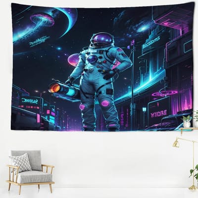 Neon Street Astronaut Wandkleed Muurhanger Psychedelische Minimalistische Kunst Hippie Tapiz Mysterieuze Huisdecoratie Achtergrondstof 95x70CM blue
