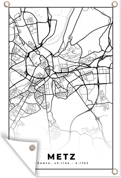 Muurdecoratie Frankrijk - Kaart - Metz - Plattegrond - Stadskaart - Zwart wit - 120x180 cm - Tuinposter - Tuindoek