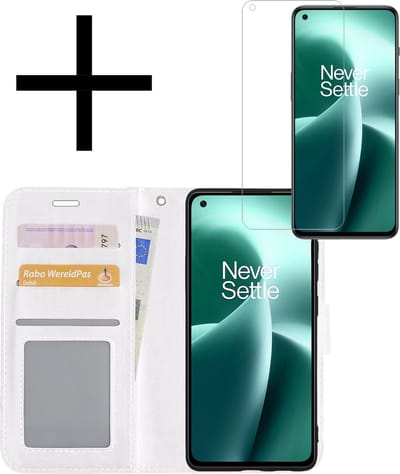 Hoesje - Met Screenprotector - Geschikt voor OnePlus Nord 2T - Luxe Pasjeshouder - Bookcase Portemonee - Flip Case - Kunstleer Book Case - Flipcase - Book Cover - Walletcase - Portemonneehoes - Wit