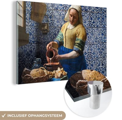 MuchoWow® Glasschilderij 120x80 cm - Schilderij acrylglas - Melkmeisje - Delfts Blauw - Vermeer - Schilderij - Oude meesters - Foto op glas - Schilderijen