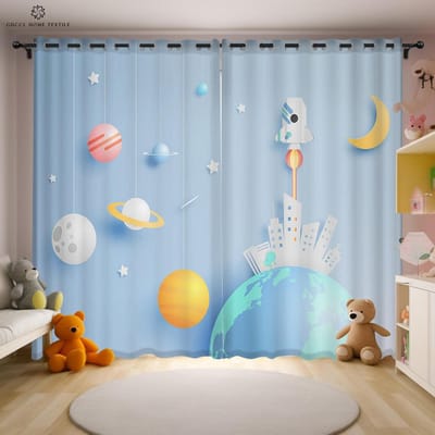 Gordijn met Cosmic Astronaut Print, Cartoon Gordijn, Tunnelzoom, Jongens-, Meisjeskamer, Woonkamer, Studiekamer, Keuken, Decoratief, 2 stuks W50xH130(CM)x2PCS&Grommet Top white