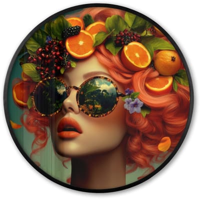 Poster in lijst Rond - Fotolijst 60x60 cm - Posters - Vrouw - Sinaasappel - Bessen - Oranje - Ronde posterlijst zwart - Decoratie - Wanddecoratie woonkamer - Muurdecoratie slaapkamer