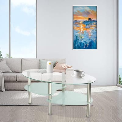 Salontafel van gehard glas, eenvoudig en elegant, salontafel voor woonkamer met poten van metaal, salontafel, ovaal, met 2 planken (transparant + wit)