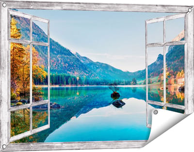 Gards Tuinposter Doorkijk Meer met Herfstbomen - 90x60 cm - Tuindoek - Tuindecoratie - Wanddecoratie buiten - Tuinschilderij