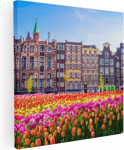 Artaza Canvas Schilderij Amsterdam - 80x80 cm - Wanddecoratie Tulpen - Muurdecoratie Grachtenpanden - Schilderijen Op Canvas Bloemen