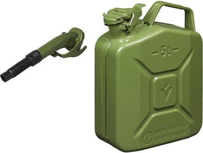 Metalen jerrycan legergroen voor brandstof 5 liter incl. schenktuit 24 cm