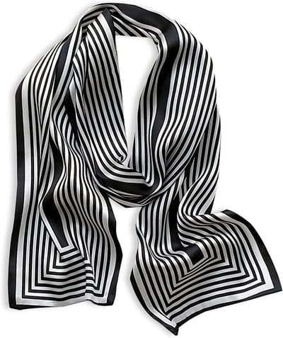 Gestreepte Skinny Sjaal voor Dames van Zacht Satijn, Franse Stijl, Smalle Lange Neckerchief en Haarband, Zwart, Één Maat