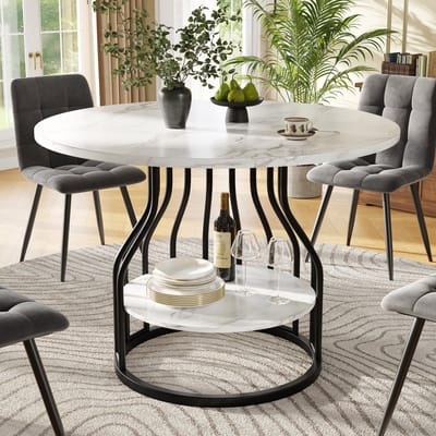 DESMIU Eettafel - Ronde Tafel Met Onderste Opbergruimte En Verstelbare Voeten - Voor Eetkamer En Woonkamer - MDF Marmerlook - 80x80x76 Cm - Zwart