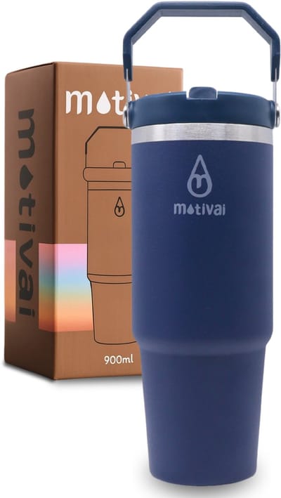 Motivai Flip Straw Tumbler - Donker Blauw - 30oz - Travel Cup - RVS Thermosbeker met Handvat en Rietje - Drinkbeker To Go - 900 ML - Travel Mug - Thermosbeker - Thermosfles - Thermoskan - Voor warme en kouden dranken - Drinkfles - Waterflessen