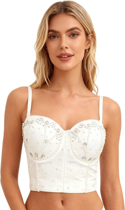 Elegante witte strass korset top voor dames met verstelbare bandjes en parel bustier crop top voor speciale gelegenheden