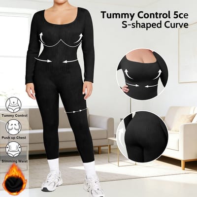 Plus Size Panty – Dames Seamless Gevoerd & Corrigerend legging - Bodyfashion Dream Shaper Bodysuit - Winter-A-Zwart-XXXXL