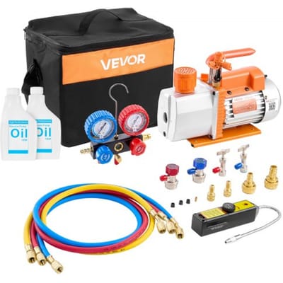 VEVOR Vacuümpomp met Manometer, 7 Cfm 198 L/Min, 2-Traps Roterende Schottenvacuümpomp, 550 W Vacuümpompset voor R134a, R22 en R410a, Inclusief Lekdetector en Draagtas, voor Auto-Airconditioningsystemen