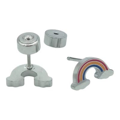 Regenboog oorbellen voor meisje - Kleine oorknopjes 6 x 10 mm - Premium staal in kleur zilver