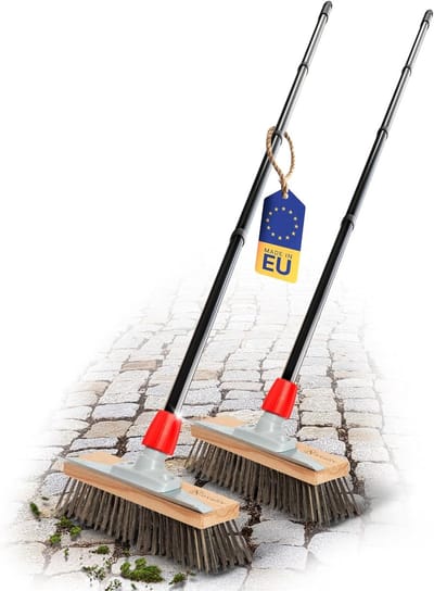 Novaliv 2X Robuuste staalborstel met steel - stalen bezem met 4-delige steel, efficiënte mosverwijdering, straatbezem, voor bestrating & tuin, stalen bezem, moskrabber, pizzabezem, pizzasteenborstel